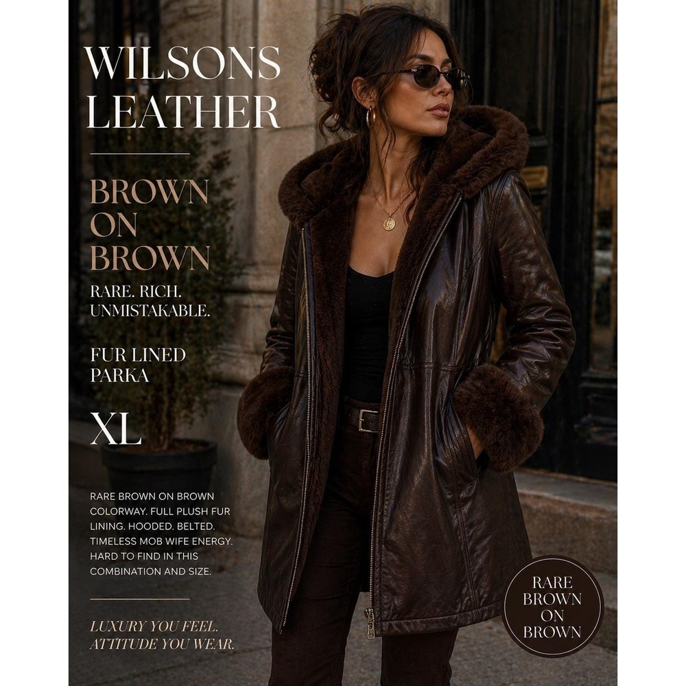 Wilsons Leather Brown On Brown Fur Lined Hooded Belted Parka XL‎ Rare